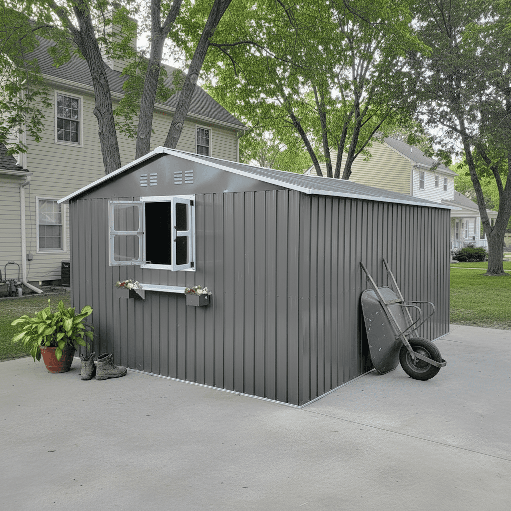 Mintazer 12×10ft Metal Outdoor Storage Shed with Lockable Door & 3 Windows, Weatherproof Garden Tool Shed with Flower Baskets, Gray