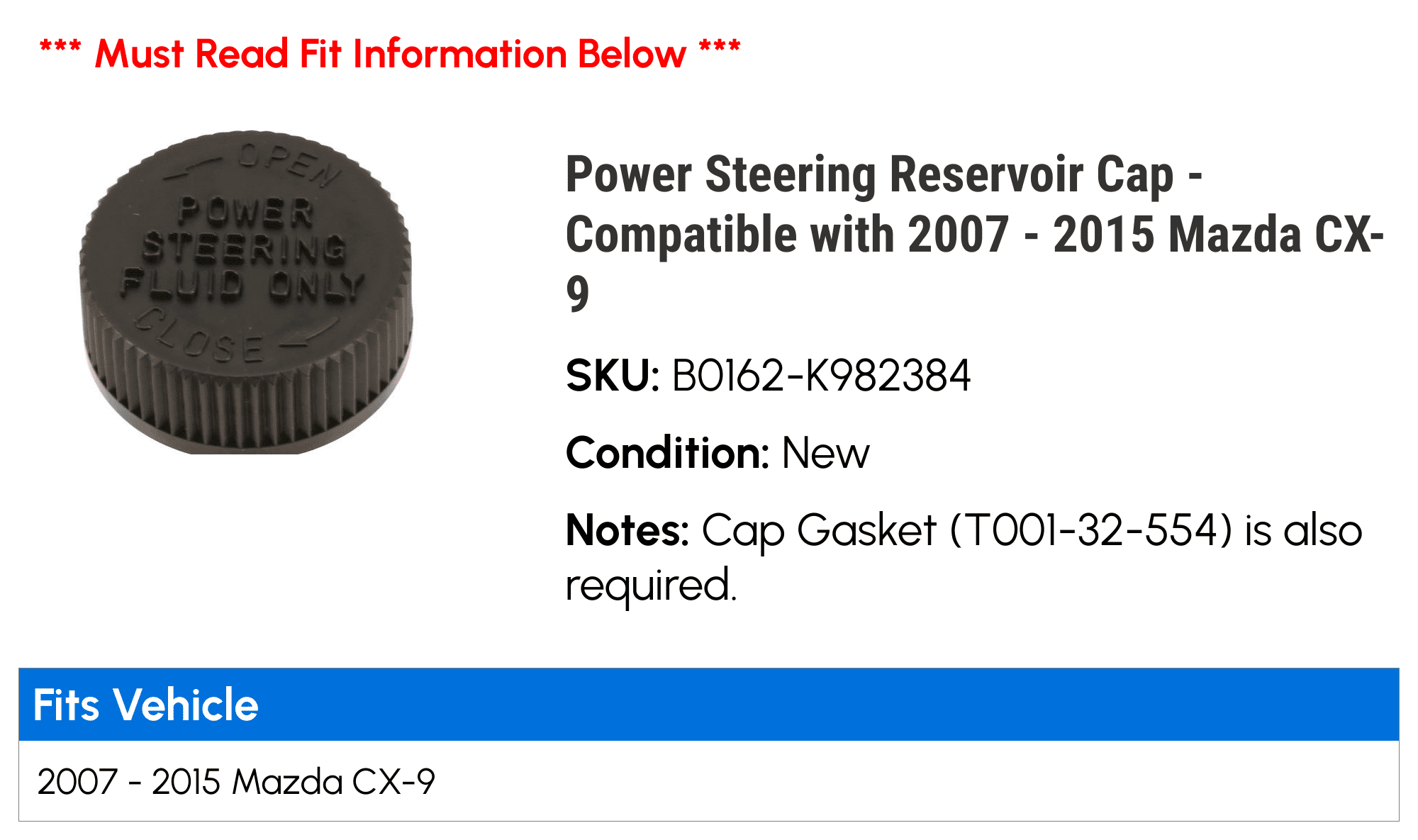 Power Steering Reservoir Cap - Compatible with 2007 - 2015 Mazda CX-9 2008 2009 2010 2011 2012 2013 2014