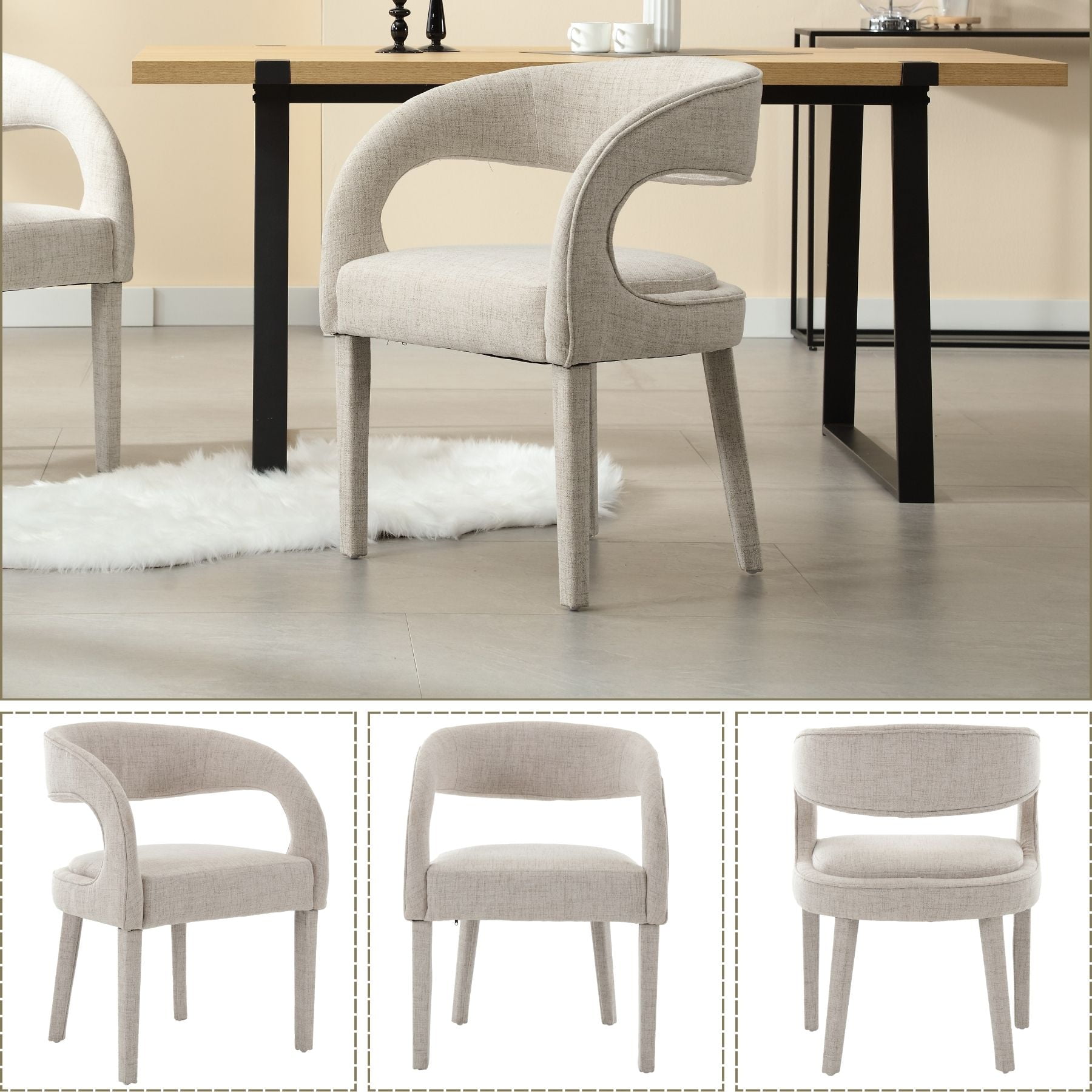 Dayalane Modern Upholstered Dining Chairs Set of 4, Linen Barrel Accent Chairs with Open Back and Arms, Comfy Kitchen & Dining Room Chairs with Wood Legs for Living Room/Bedroom,Beige
