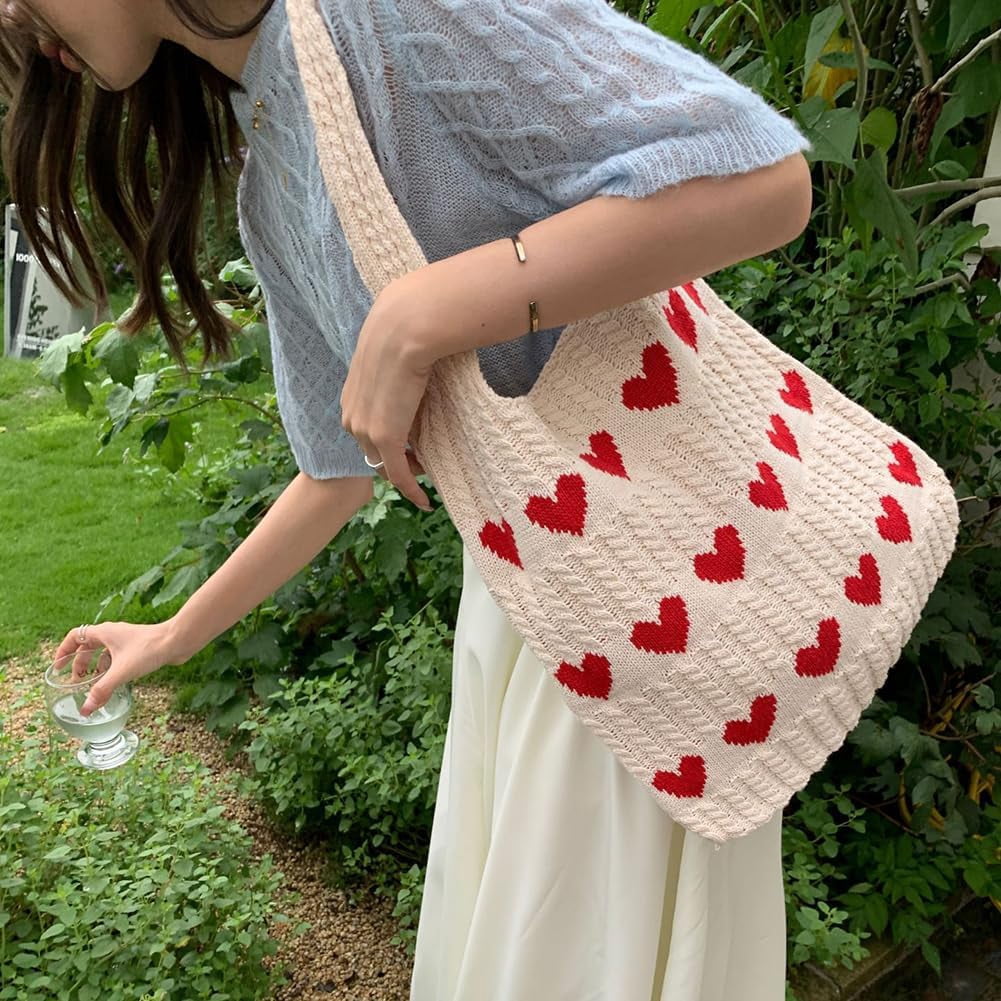 CAILDANL Crochet Tote Bag Cute Aesthetic Hobo Bag Hearts Pattern Knitted Shoulder Bag Hollow Beach Bag for Women