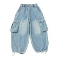 thumbnail image 2 of Huowey Big Boys Cargo Jeans Comfortable Stretch Denim Pants Wide Leg Casual Loose Fit Trousers Fot Big Boys Elastic Waist Drawstring Relaxed Streetwear ,Light Blue,4-5 Years, 2 of 8