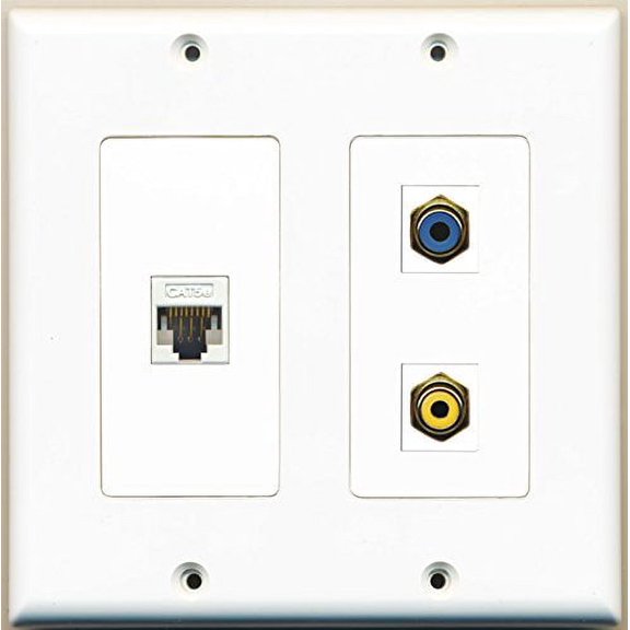 RiteAV - 1 Port RCA Yellow 1 Port RCA Blue 1 Port Cat5e Ethernet White - 2 Gang Wall Plate