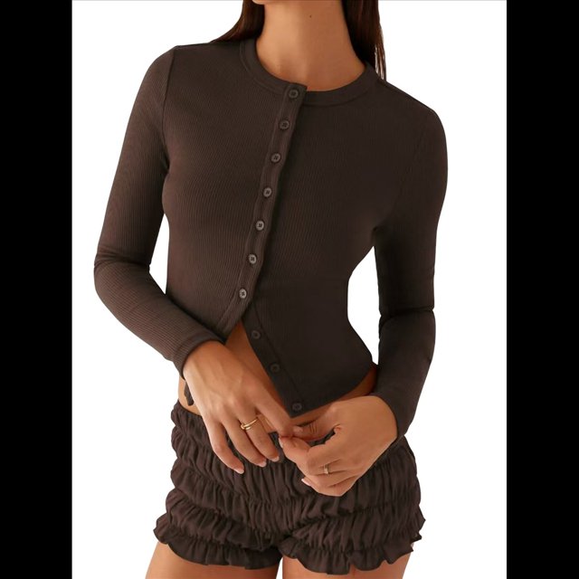 Blusas de Larga para Mujer, Cárdigan Ligero de Otoño, Camisetas para Salir, Blusas Acanaladas con Botones, Lindas y A Café XXL