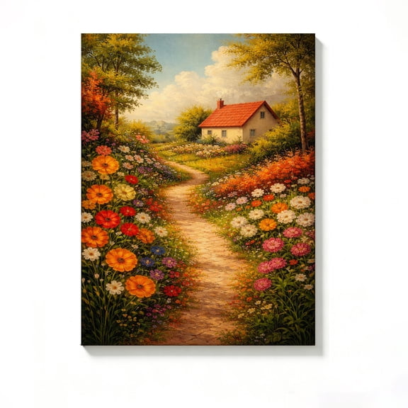 FLASHLUMI 8x12 Inch Cottage Flower Path Landscape Oil Painting Canvas Wall Art, Rustic Country Decor for Living Room Bedroom, No Frame