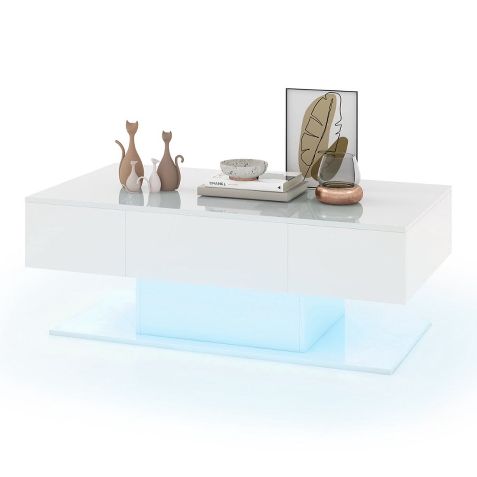 Furnibear Modern LED Coffee Table with 20 Color Lights Remote Control and 2 Push to Open Storage Drawers for Living Room, White