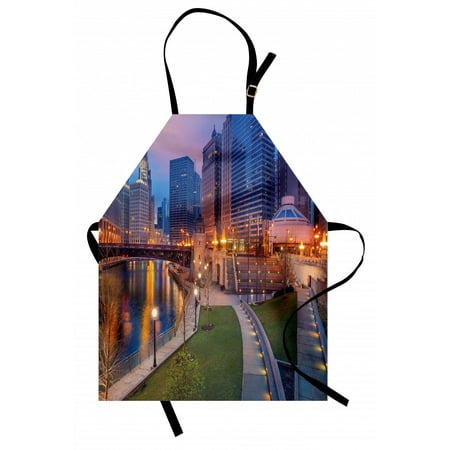 

Chicago Skyline Apron Cityscape Urban Scene Waterfront Illuminated at Twilight Blue Hour Image Unisex Kitchen Bib Apron with Adjustable Neck for Cooking Baking Gardening Multicolor by Ambesonne