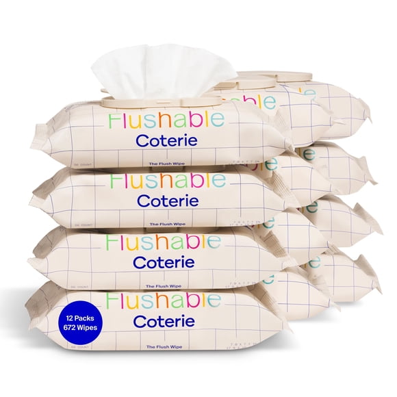 Coterie Flushable Wipes for Toddlers, Designed for Potty Training, Safe for Sensitive Skin, Hypoallergenic, 99% Water, Plant-Based, Fragrance Free, S