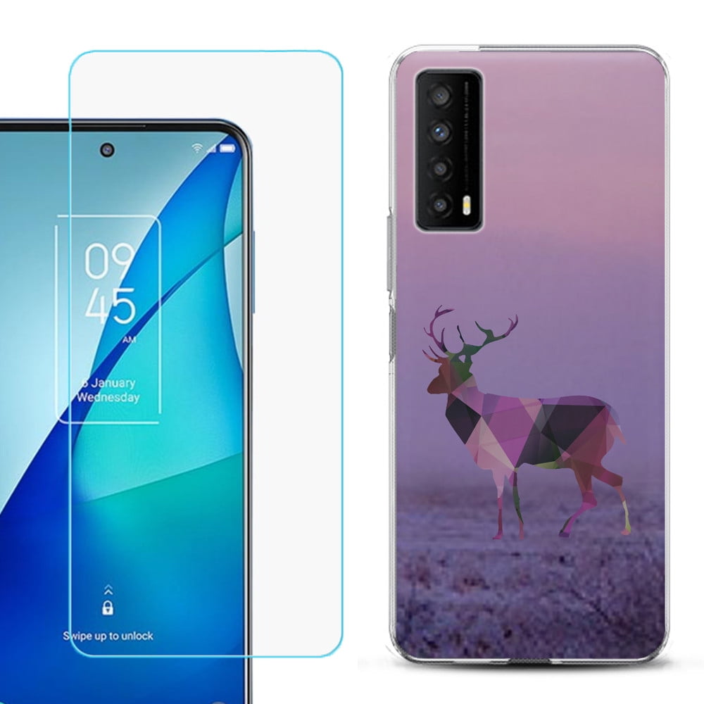 Slim-Fit Gel TPU Phone Case for TCL Stylus 5G, with Tempered Glass Screen Protector, by OneToughShield ® - Deer/Polygon