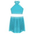 thumbnail image 4 of Doomiva Kids Girls 2 Piece Lyrical Latin Jazz Dance Outfit Sparkly Rhinestone Crop Top with Irregular Hem Skirts Set Blue Green 8, 4 of 5