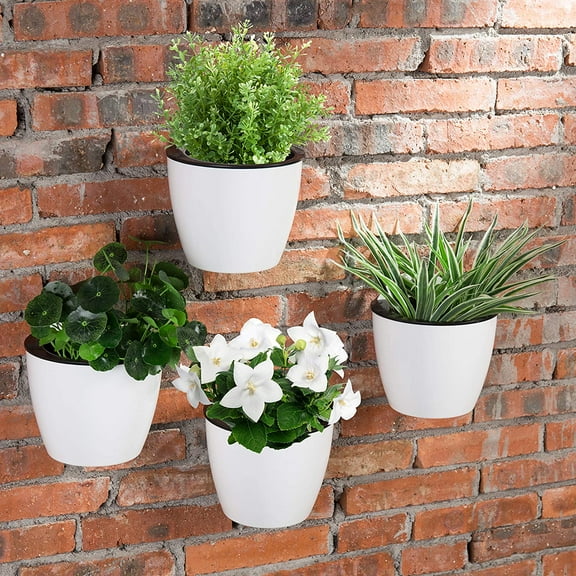 Self Watering Wall Mounted Planter, MyGift 7-inch Modern Plastic White Pot, Set of 4