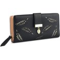 thumbnail image 1 of Cartera de piel sintética para mujer con colgante de hoja recortada, 12 ranuras para tarjetas y organizador de monedas con cremallera, color negro, 1 of 5