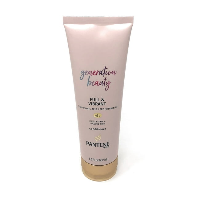 acondicionador pantene pro-v generation beauty full & vibrant sin sulfatos con ácido hialurónico para cabello fino o teñido, 8 oz front-facing pale pink 8 fl oz (237 ml) Pantene Pro-V Generation Beauty Full & Vibrant conditioner tube with gold cap, multicolor 'generation beauty' script, labelled 'Hyaluronic Acid | Pro-Vitamin B5' and Pantene logo on white background; tamaño compacto a menudo usado para viajes.