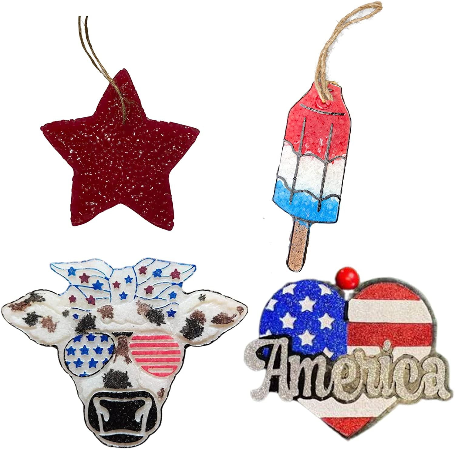 American 4th of July Car Freshie Silicone Molds 4 Pack America Heart, Cow Highland Red White Blue Sunglasses, Star, Bomb Pop Bulk Kit Wholesale American Flag Patriotic