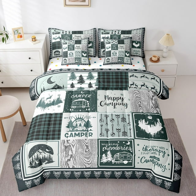 YST 7 Piece Kids Happy Camping Twin Comforter Set,Rv Camper Bedding Set with Sheets for Travel Trailers,Green Buffalo Plaid Patchwork Bed Set,Rustic Cabin Bed in a Bag with Pillowcases