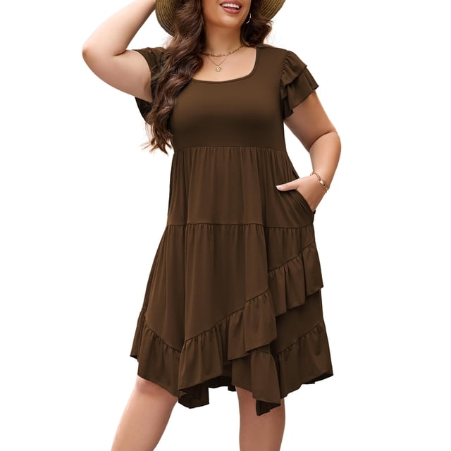 Vestido casual AZACHID de manga corta con doble volante para mujer