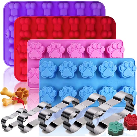 Dog Bone Silicone Molds Dog Treats Molds Paw Print Shaped Chocolate Candy Soap Mold 4PCS and 5 Stainless Steel Bone Cookie Cutter for Homemade Jelly Ice Cube Blue Pink Red Purple