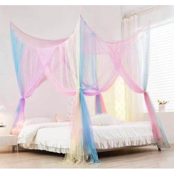 Rainbow Canopy Bed Curtaina Mosquito Net for Bed Canopy, Four Corner Post Curtains Elegant Bed Netting, Screen Netting Canopy Curtains for Full to King Size Bed