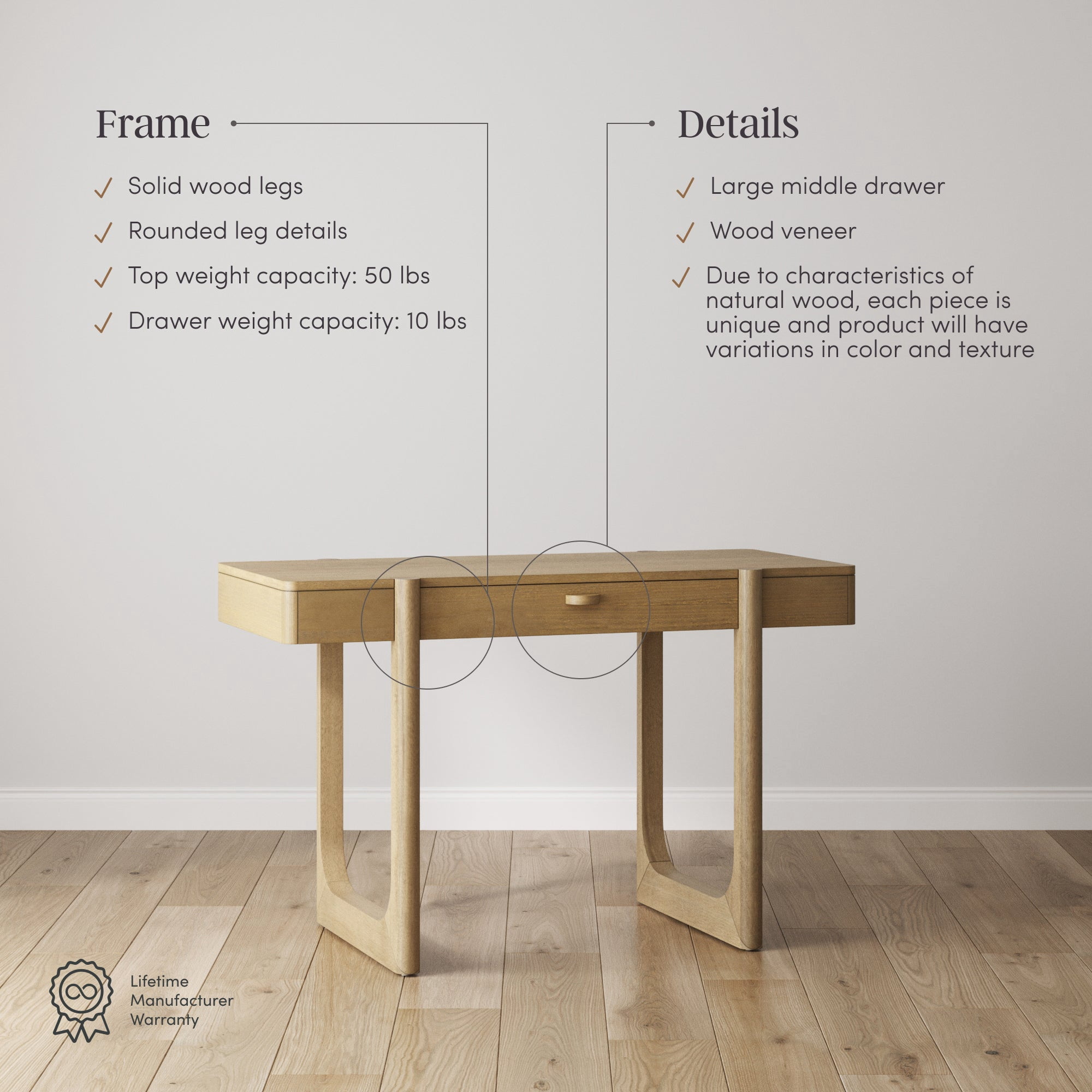 Nathan James Haley Mid Century Modern Home Office Desk, Solid Wood Writing Desk with Drawer and Rounded Legs, Light Brown