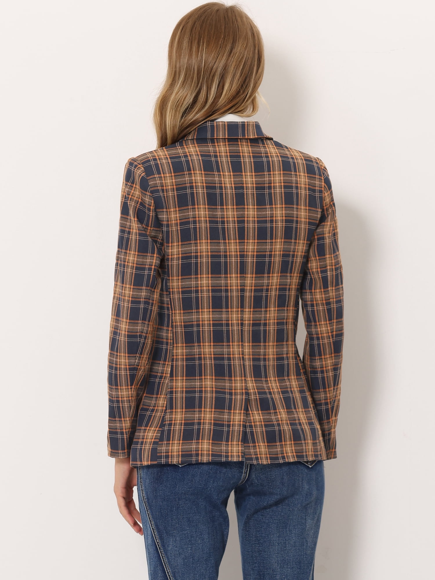 DARING DIVA Women's Plaid Notched Lapel Blazer Jacket XS Blue Orange