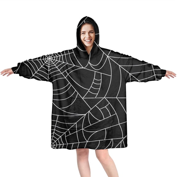 Wearable Oversized Blanket,Halloween Spider Webs Wearable Blanket Hoodie for Adults,Cozy Hooded Blankets with Super Pockets,Super Warm Fuzzy Pullover for Women & Men