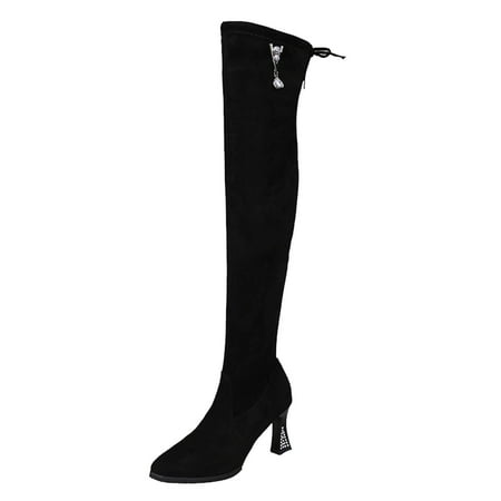 

ZHAGHMIN Winter Fashion Boots Womens Shoes Fashion Solid Color Elastic Boots Rhinestone Bow Thick Heel High Heel Fleece Over The Knee Boots Leather Boots For Women Narrow Calf Short S For Women Tall