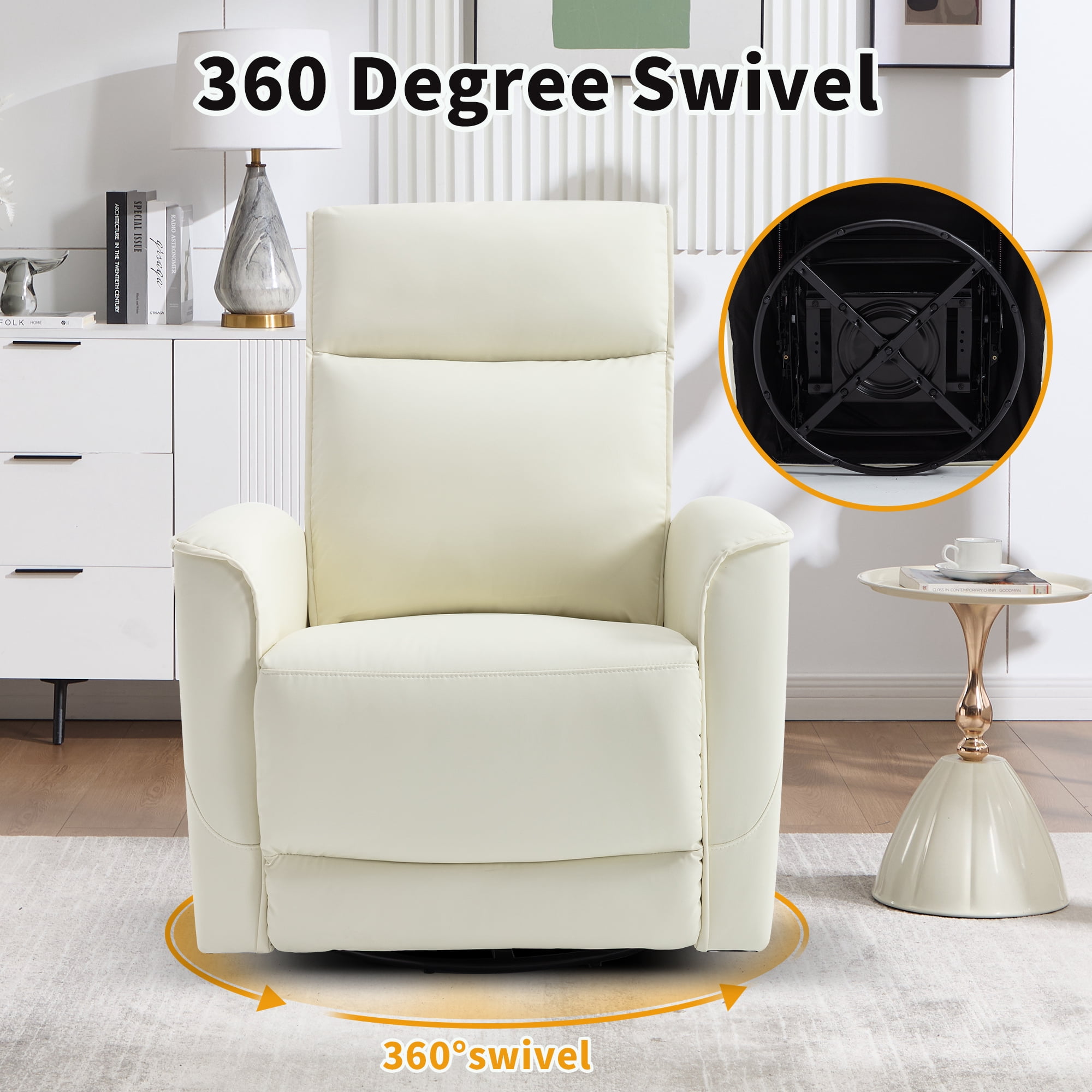 Ebello Manual PU Leather Swivel Rocker Recliner, Nursery Glider Chair with Padded Armrests & Backrest for Apartment, Living Room and Bedroom, White