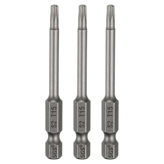 Uxcell 3pcs T15 Torx Head Screwdriver Bit 1/4" Hex Shank 2.6" (65mm) Long Magnetic No Hole Tip 6 Point Star Screw Driver