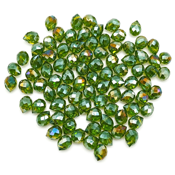 DESIGNICE Green Teardrop Beads 90Pcs Glass Water Drop Faceted Ab Plated Beads Loose Top Drilled Beads for Making Beaded Planet Sun Catcher Diy Jewelry Craft 8Mm(Olive Green with Plated Ab)