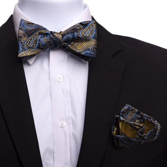 Amedeo Exclusive Men's Blue & Black Silk Self Bow Tie with Handkerchief