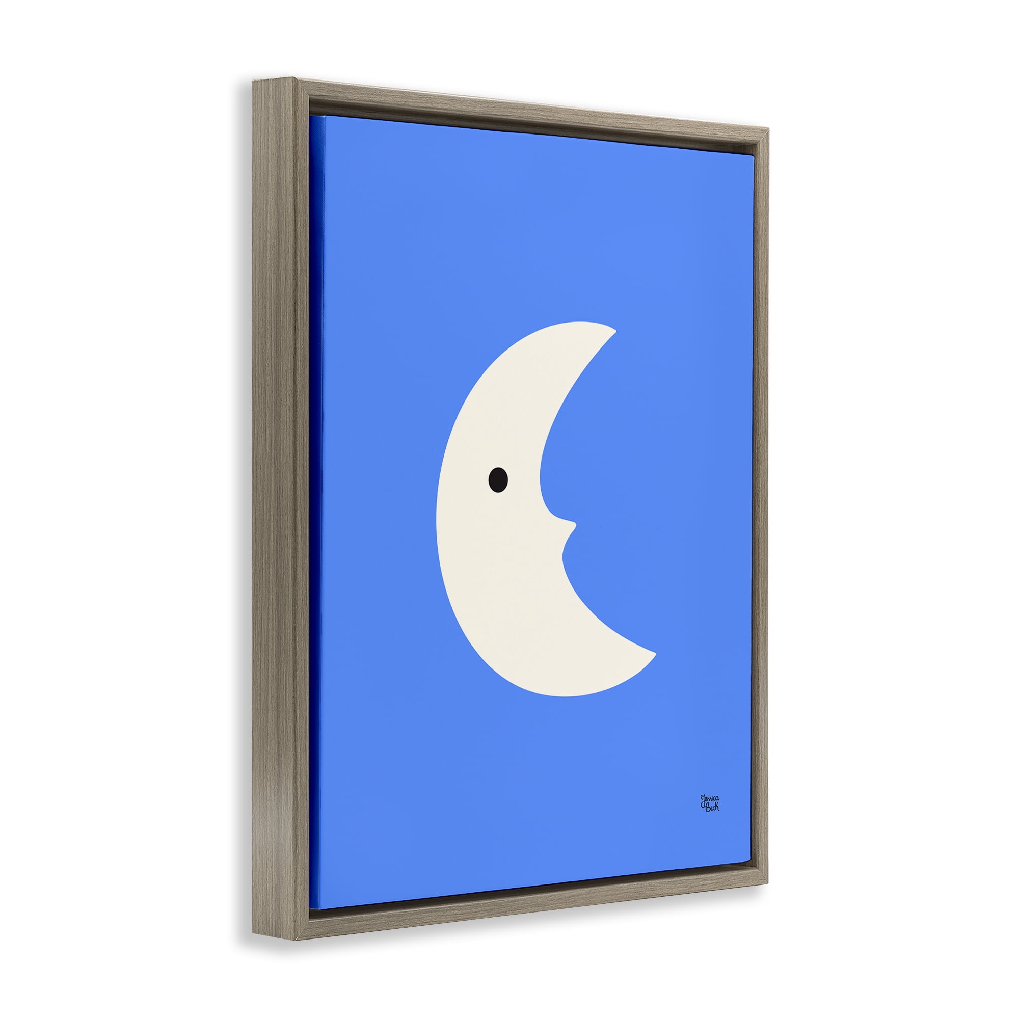 Stupell Industries Blue Crescent Moon Face Landscape & Nature Painting Brown Floater Framed Canvas Art Print Wall Art, 17 x 21