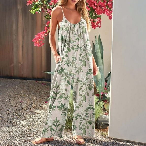 Gmdeguo Women's Floral Printed Jumpsuits Summer Sleeveless Suspender Romper Loose Spaghetti Strap Onesie with Pockets Wide Leg Trousers Pleated Casual Comfy Baggy Dungarees