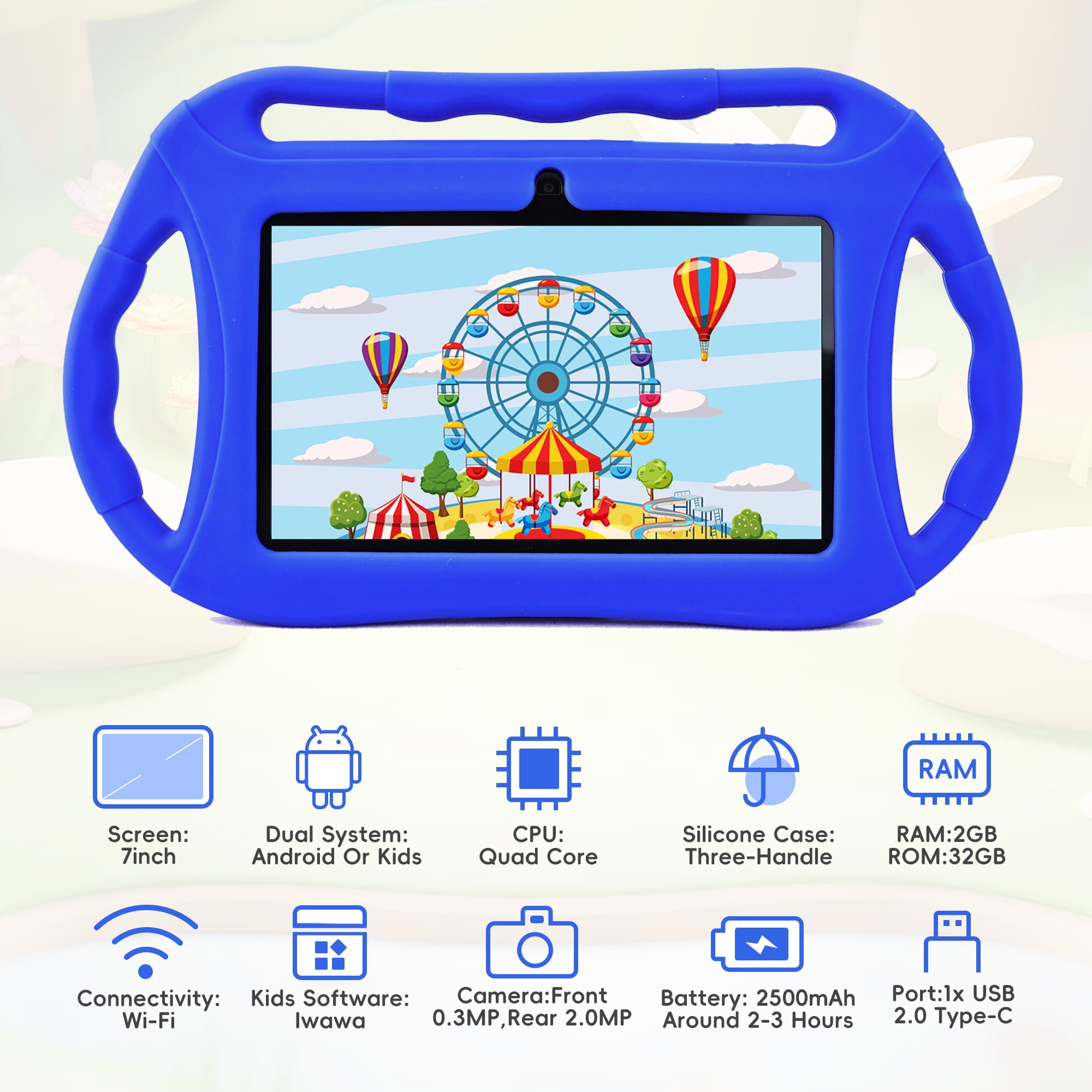 Veidoo Kids Tablet, 7 inch Android Tablet, 2GB+32GB, WiFi, IPS Screen, Children Tablet with Parental Control, Google Plays, Games, Learning Educational Tablet for Toddlers (Dark Blue)