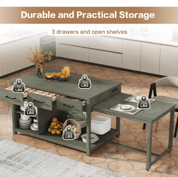 Euroco Expandable Retro Kitchen Island with Hidden Countertop Extension, Power Outlets & USB Ports – 3 Drawers, Open Shelves, Solid Wood Frame