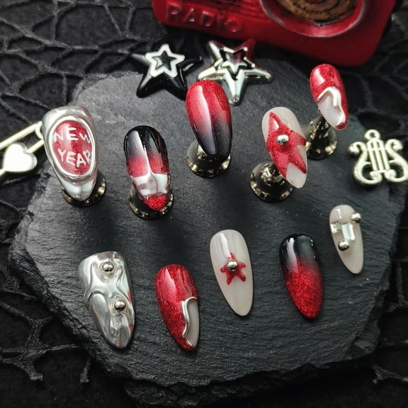 Original Punk-Style Handmade Press-On Nails - Red-Black Metallic Medium Almond Adhesive Reusable Artificial Nails. Ideal for Festivals, Stage & Daily/Holidays. Easy-Stick False Nails.