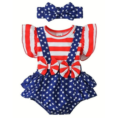 

Girls Bodysuit Independence Day Striped Printed With Headbands Toddler Baby Playsuits Bodysuits Gifts To Child