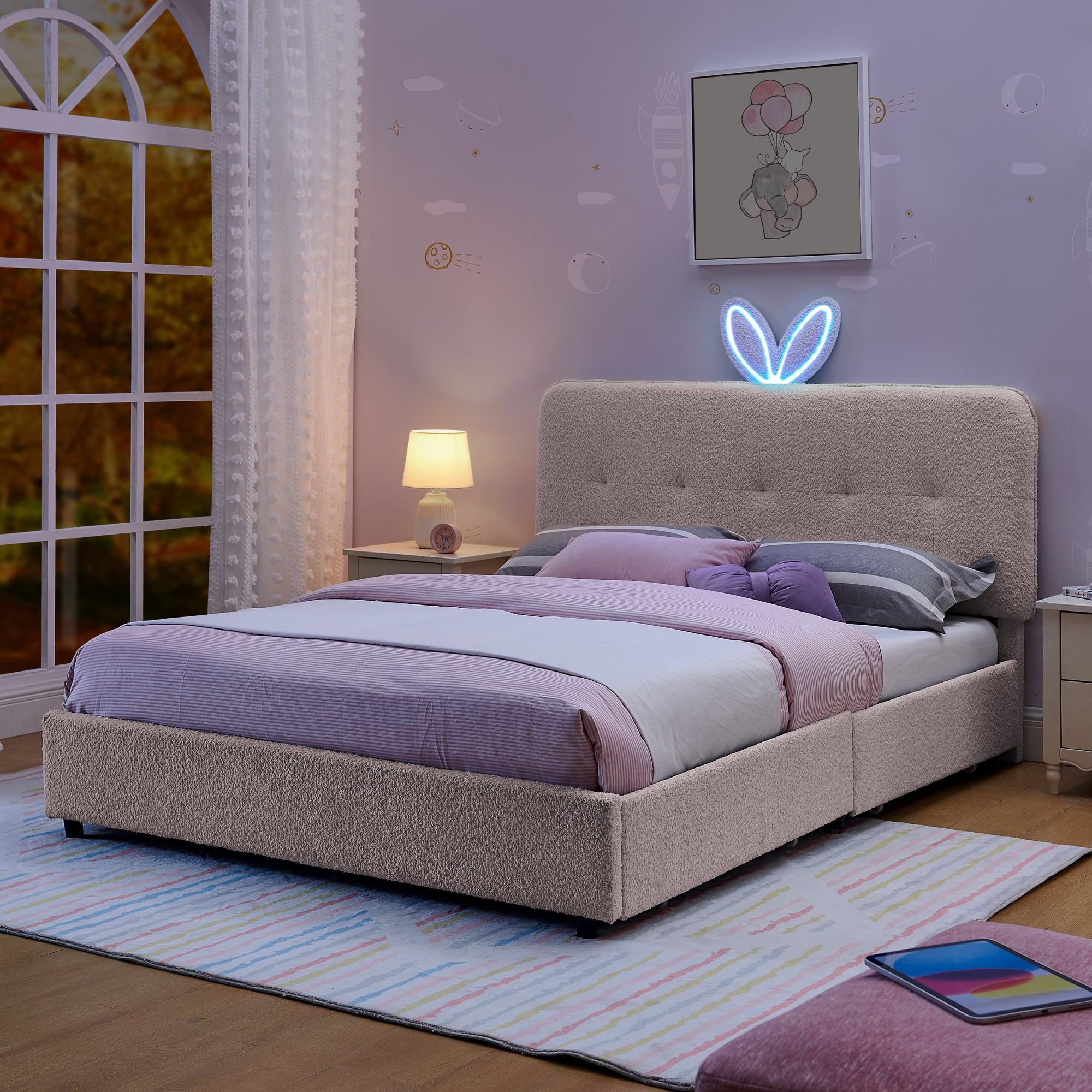 Avobird Full Size Kids Upholstered Bed with Oversized Rabbit Ear Headboard, LED Light & 4 Storage Drawers, Boucle Fabric, Pink