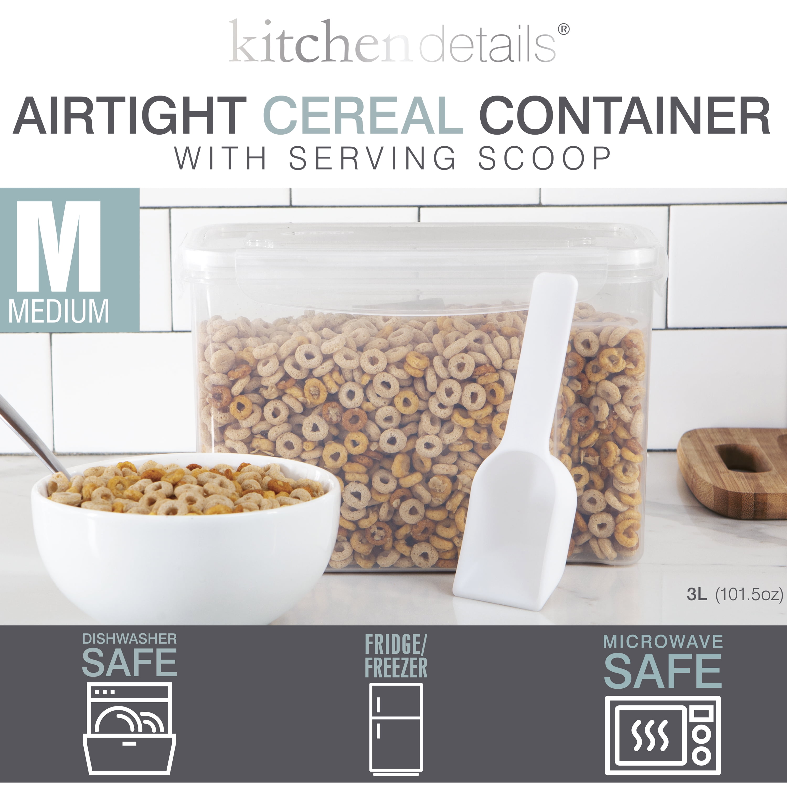 Kitchen Details 2 Pack Medium Size Plastic Airtight Cereal Container with Scooper