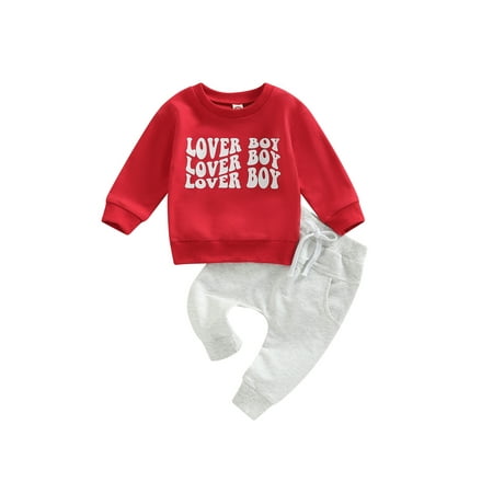 

Toddler Baby Boy Girl Valentines Day Outfits Letters Print Sweatshirt Tops Solid Color Pants 2Pcs Clothes Set