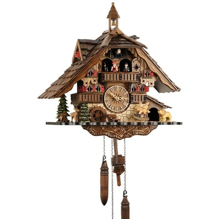 Cuckoo Clock 1 Day Chalet - Black Forest Chalet Style Musical 1 Day Cuckoo Clock with Bell Tower and Beer Drinker