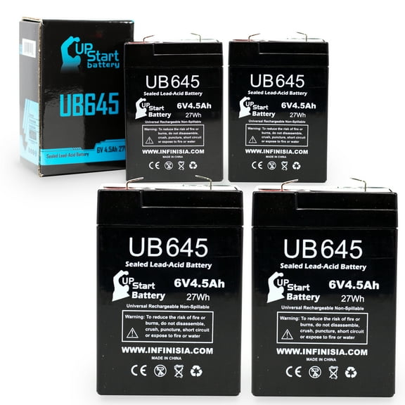 4x Pack - Compatible R & D Batteries 5374 Battery - Replacement UB645 Universal Sealed Lead Acid Battery (6V, 4.5Ah, 4500mAh, F1 Terminal, AGM, SLA) - Includes 8 F1 to F2 Terminal Adapters