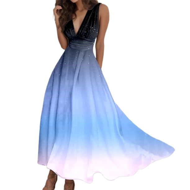 Vestido de playa sin mangas con cuello en V y estampado degradado de cielo estrellado para mujer - Decoración con cremallera, diseño con cinturilla, tallas S-XXL