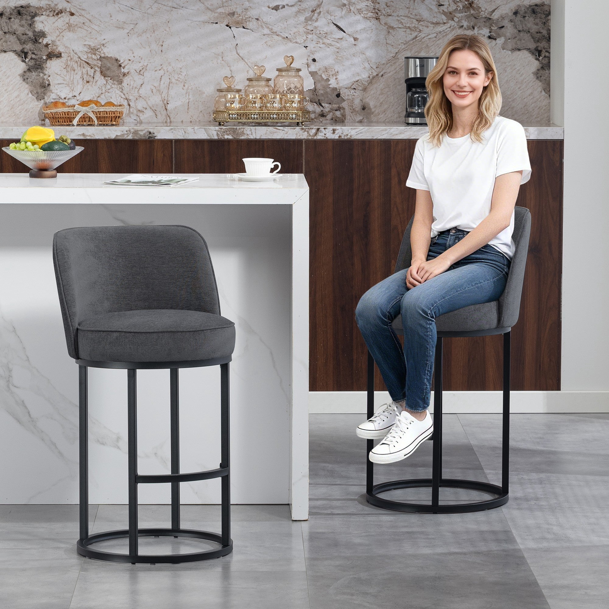 Sailvan Counter Height Bar Stools Set of 2,Modern Upholstered Linen Fabric Kitchen Island Stools with Barrel Backrest & Sturdy Metal Frame Gray