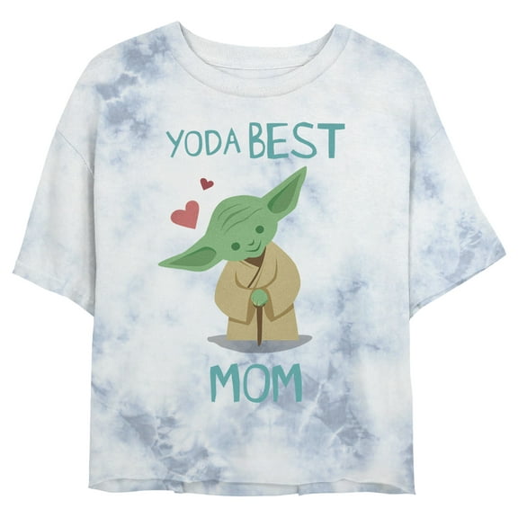 Junior's Star Wars Mother's Day Best Mom Cartoon Yoda Crop Graphic Tee White/Blue 2X Large