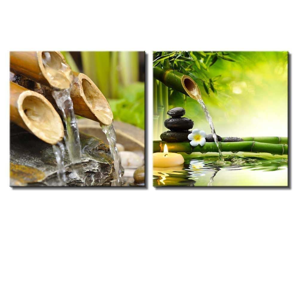 16x16 inches Rocks Over Bamboo by a Lake and Rocks with Raindrops Canvas Art 
