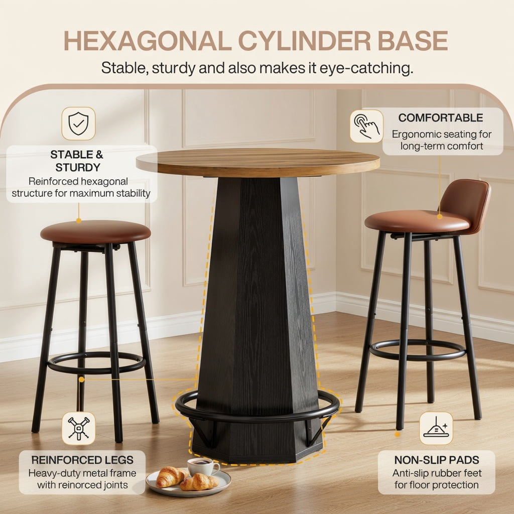 Hommoo 31.5 Inch Round Bar Table with Hexagonal Base & Metal Footrest, Industrial-Style Bistro Pub Cocktail Table for Home Bar, Cafe, or Kitchen Island, Black