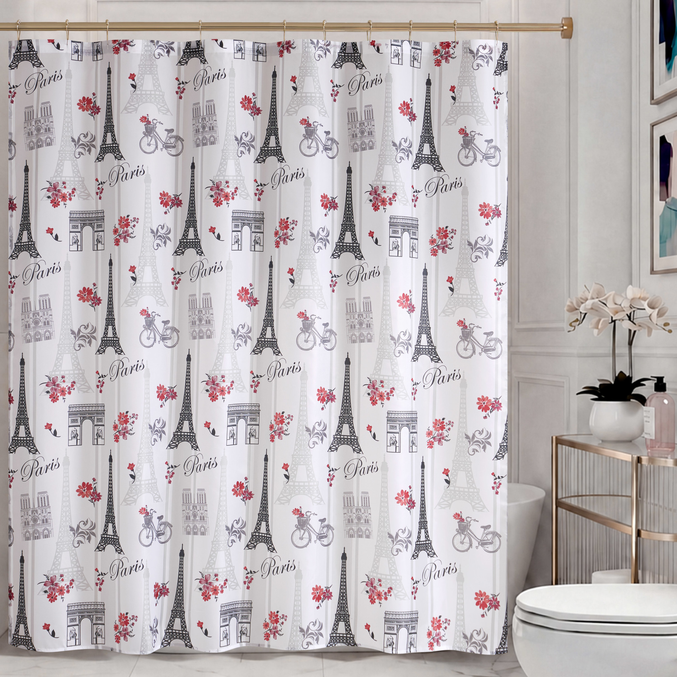 CHI Paris Love Shower Curtain with Hooks and Rugs Modern Washable 72" W x 72" L 15-Piece Set
