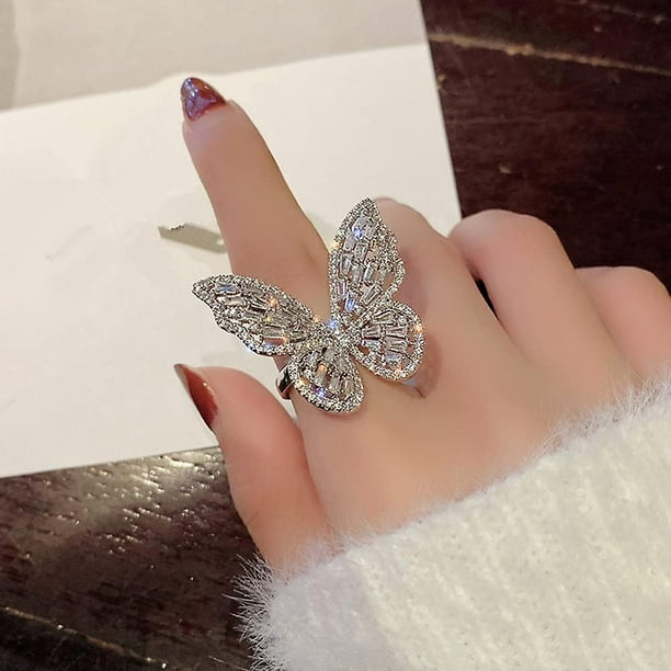 Anillo de mariposa grande para mujer Anillo de mariposa brillante Anillo de circonio cúbico ajustable Joyería de mariposa Regalo de cumpleaños de Navidad de Halloween para ella (si