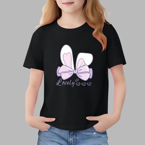 Avrnliq Girls' Black Bunny Bow Graphic Cotton T-Shirt, Short Sleeve Crew Neck Lovely Slogan Casual Tee for Kids & Big Girls Ages 2-13 Years,Size 11-12 T