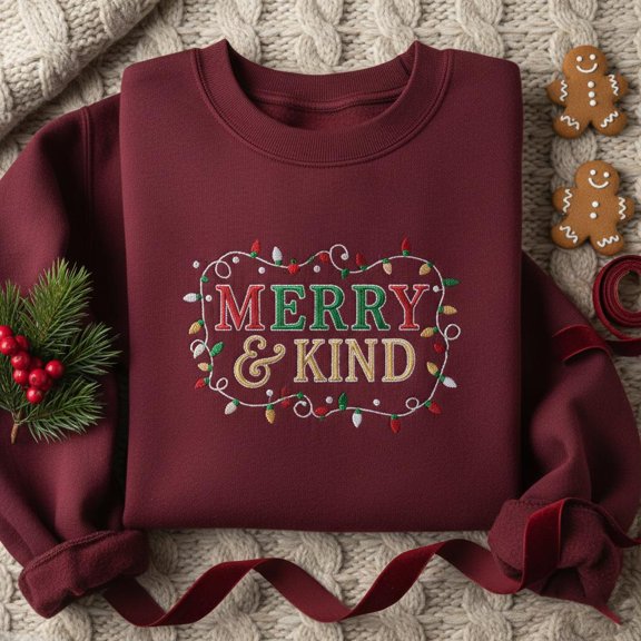 Merry & Kind Embroidered Christmas Sweatshirt, Holiday Cheer Crewneck, Festive Lights Hoodie, Kindness Sweater, Vintage Christmas Gift