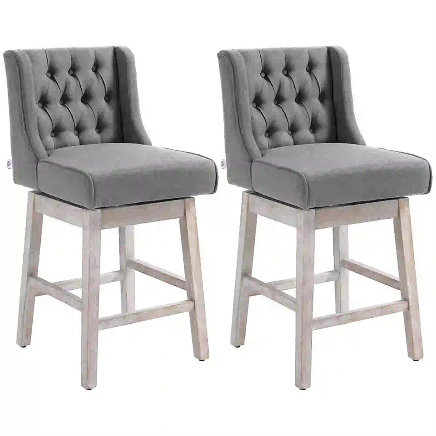 Demi Bonn 180 Degree Swivel Bar Stool Set of 2, Modern Cushioned Bar 27" Seat Height Stool with Linen Upholstery, Button Tufted Back and Solid Wood Legs, Gray